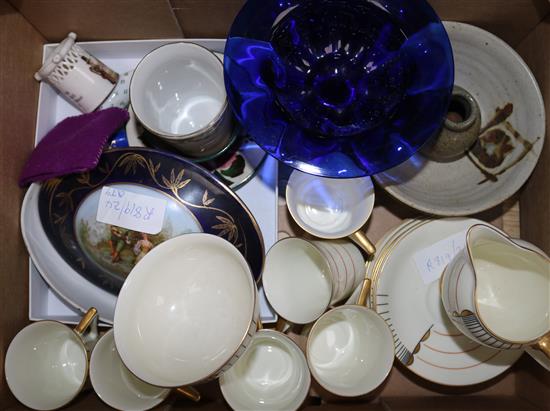 A Doulton coffee set, Weymss pot and dish, two scent bottles etc